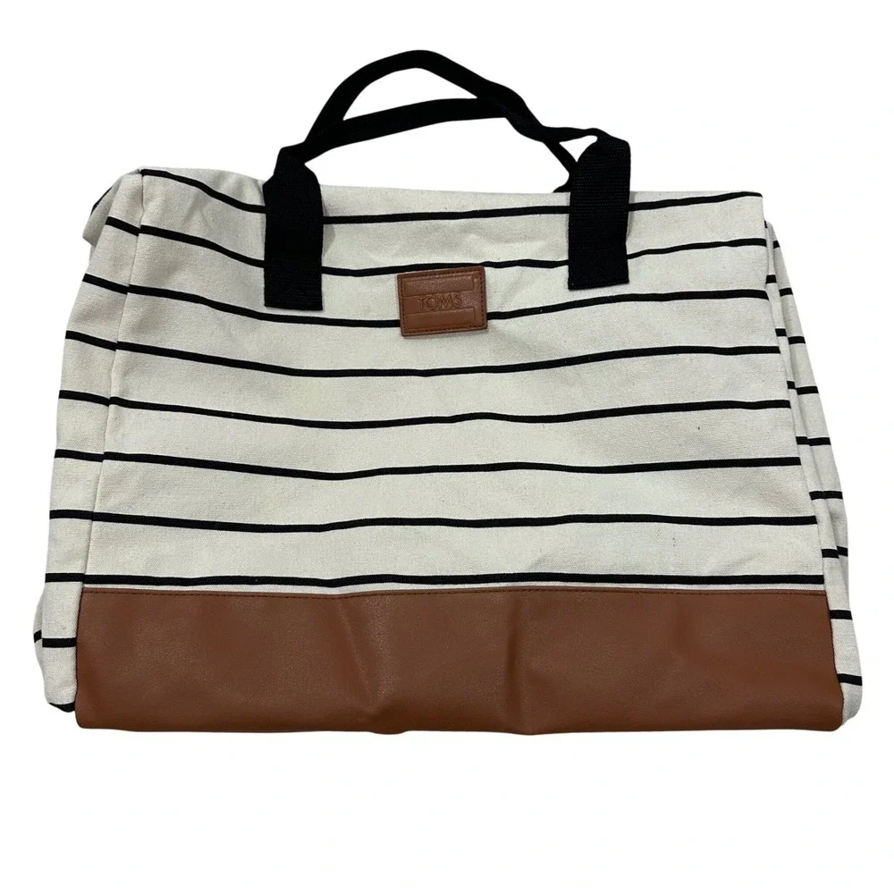 TOMS DSW Striped Canvas Tote Bag Cream Black Brown Vegan Leather Weekender Large
